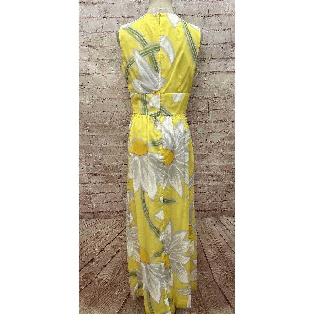 VINTAGE Malia McInerny Hawaiian Maxi Dress 10 Yellow Sleeveless Nylon - Picture 4 of 6